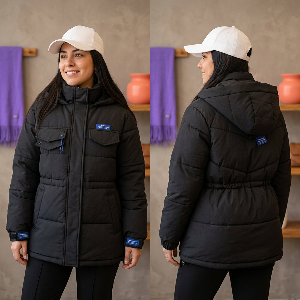 Campera dama Parka inflada cintura ajustable cuello y capucha